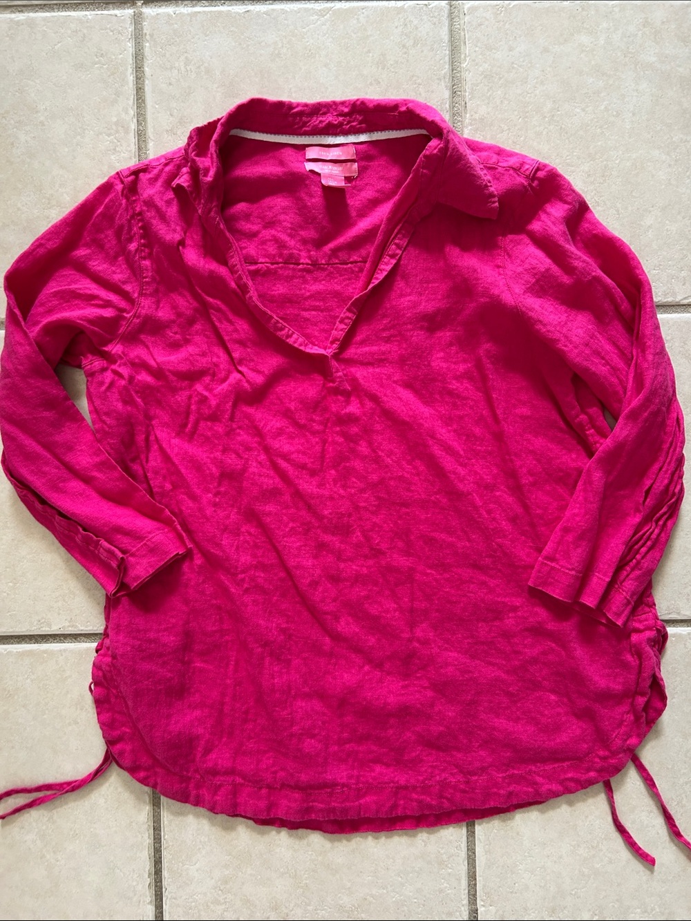 Isaac Mizrahi Fuchsia Collared 100 % Linen V-Neck Tunic